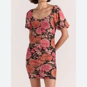 MINKPINK Yvaine Ruchee Mesh Mini Dress M Boho Floral Coquette Euro Summer Ruffle